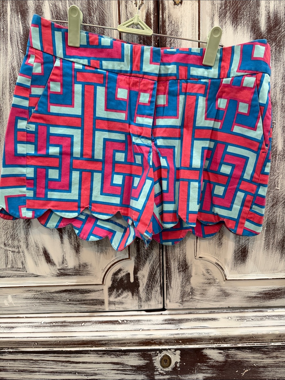 Bright Geo-Print Scalloped Hem Women’s Shorts - Pink & Blue